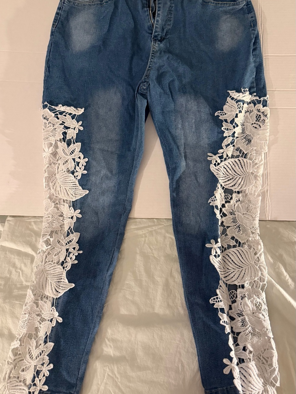 Blue Denim Jeans with White Lace Side Trim